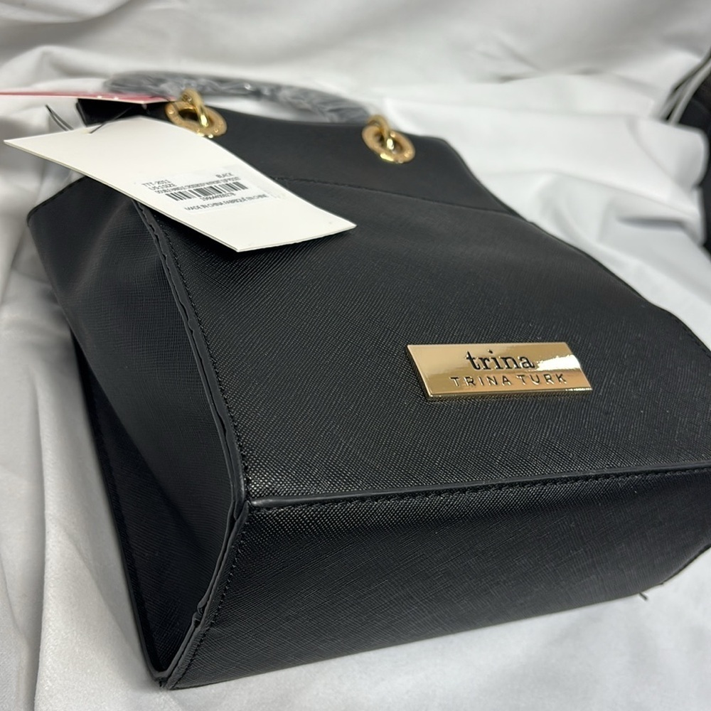 Trina Turk Black Vegan Leather double handle crossbody w/front slip pocket Bag - Picture 14 of 15
